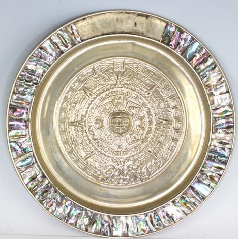 vechi platou decorativ Aztec-Maya calendar - alpaca si abalone - Mexic